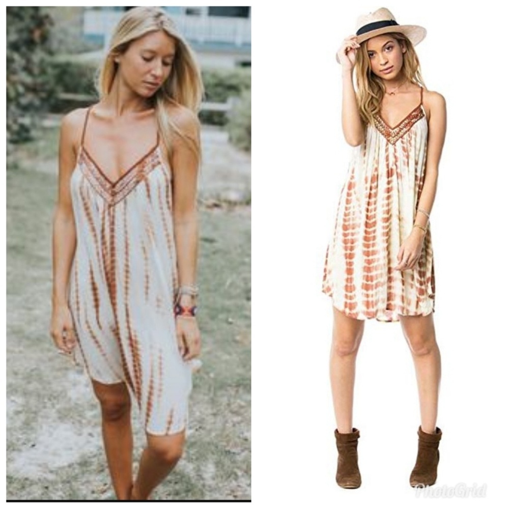 Amuse Society Brown V-neck Beaded T-back Tie Dye Embroided Dress Size S